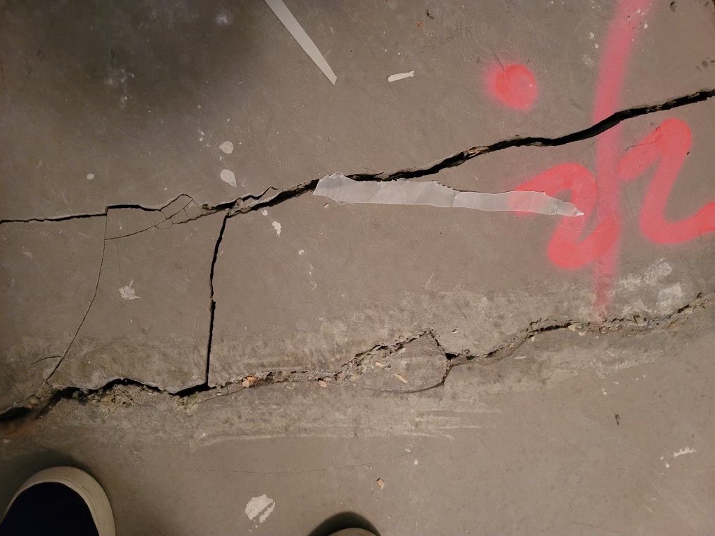 Multiple cracks run through a cement floor.