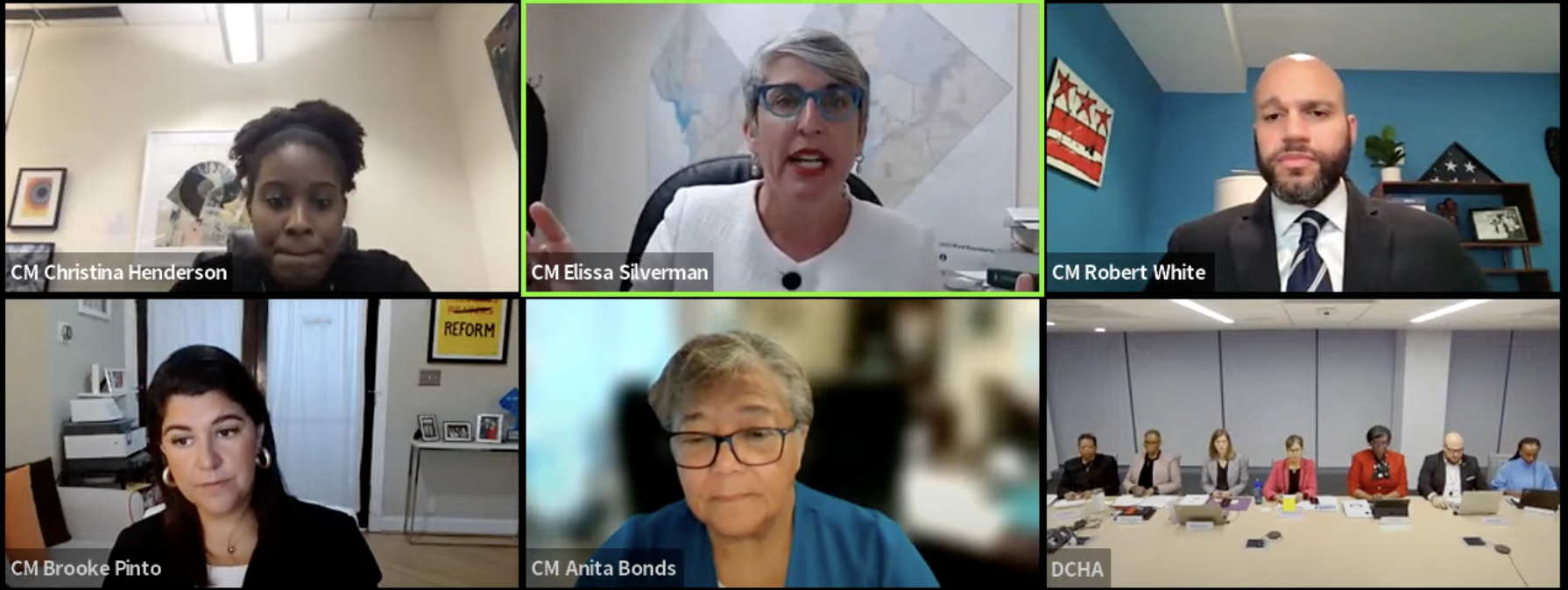 Five councilmembers and DCHA officials in a virtual meeting.