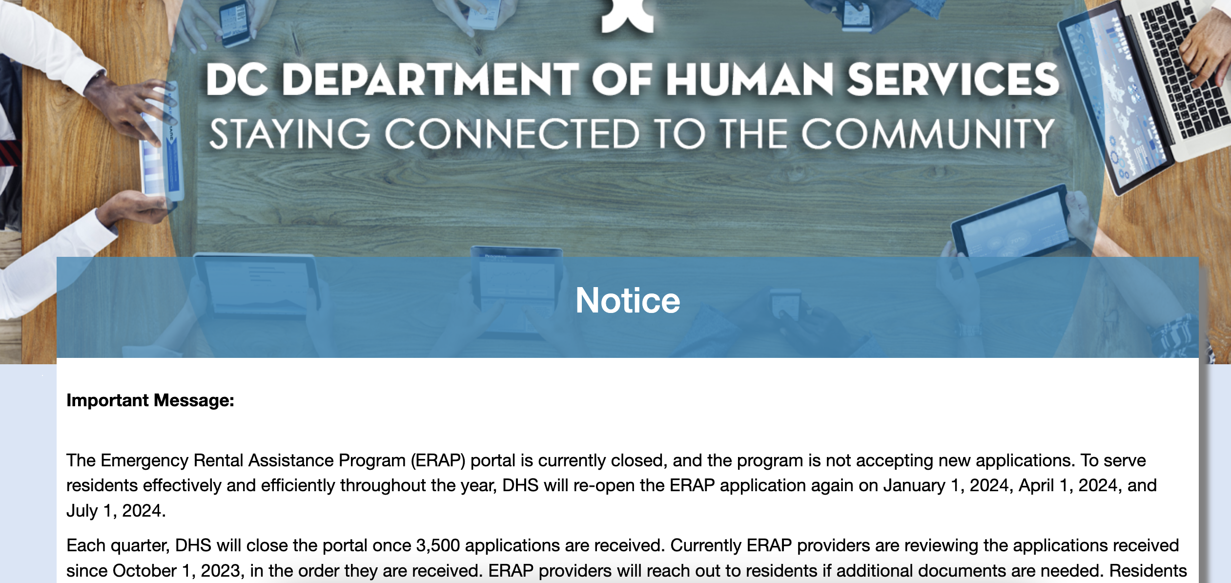 A statement on the ERAP portal saying applications for rental assistance are closed.