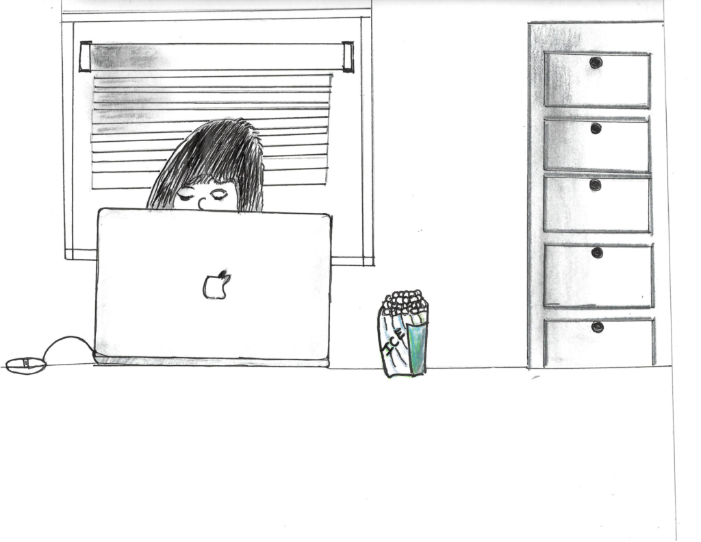 A line drawing of a woman sitting behind a computer in an office.