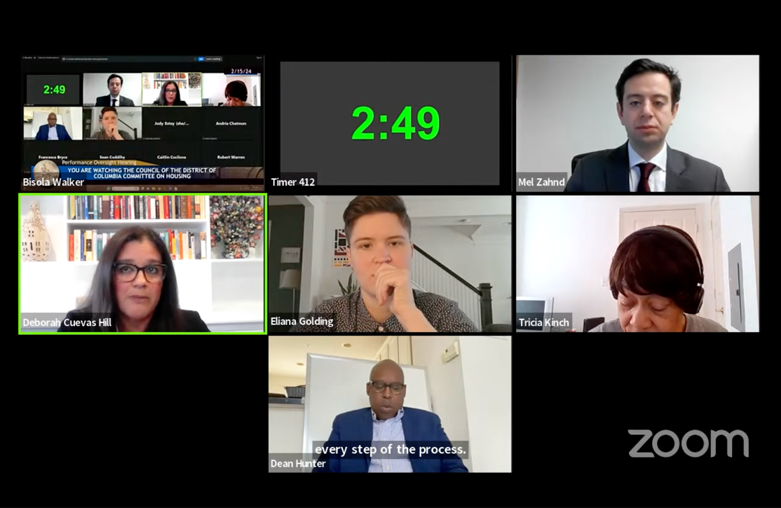 Seven Zoom videos of various people on a black background.