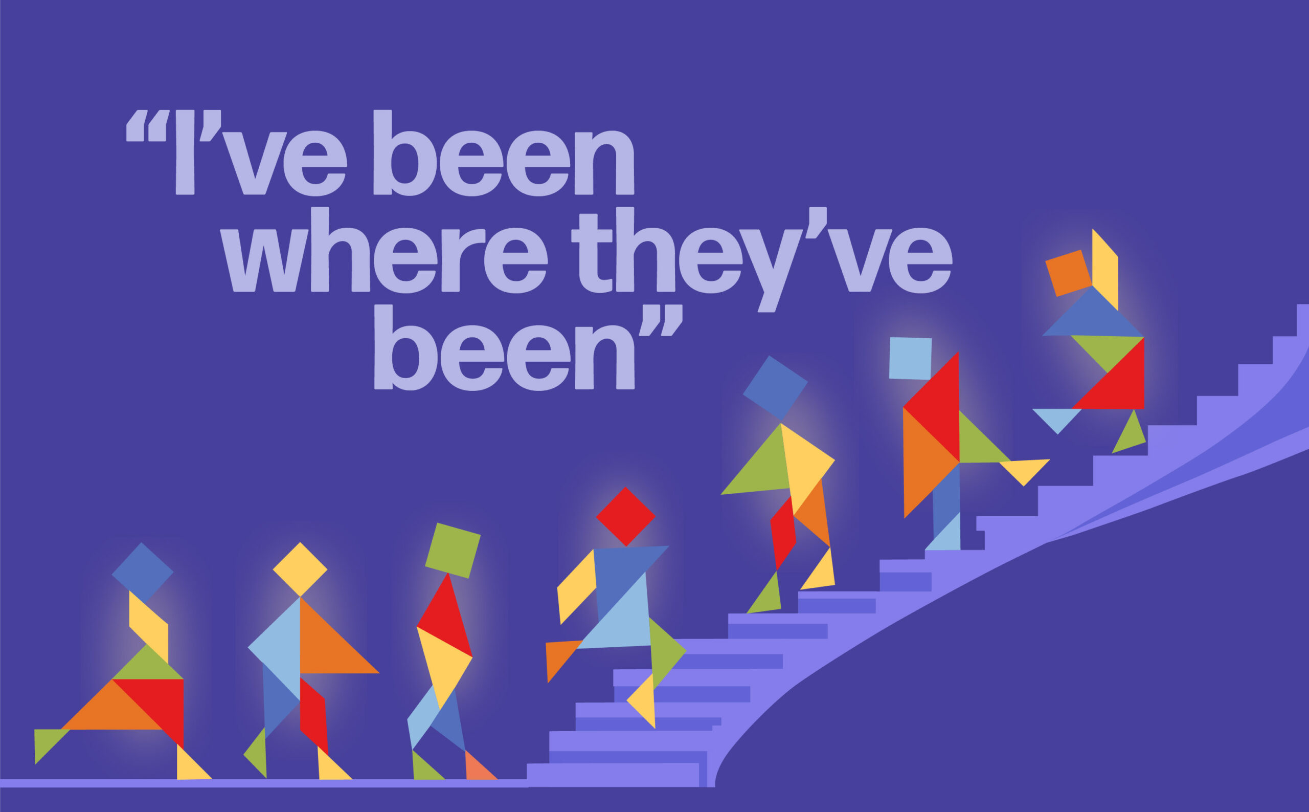 Colorful figures walking up purple stairs.