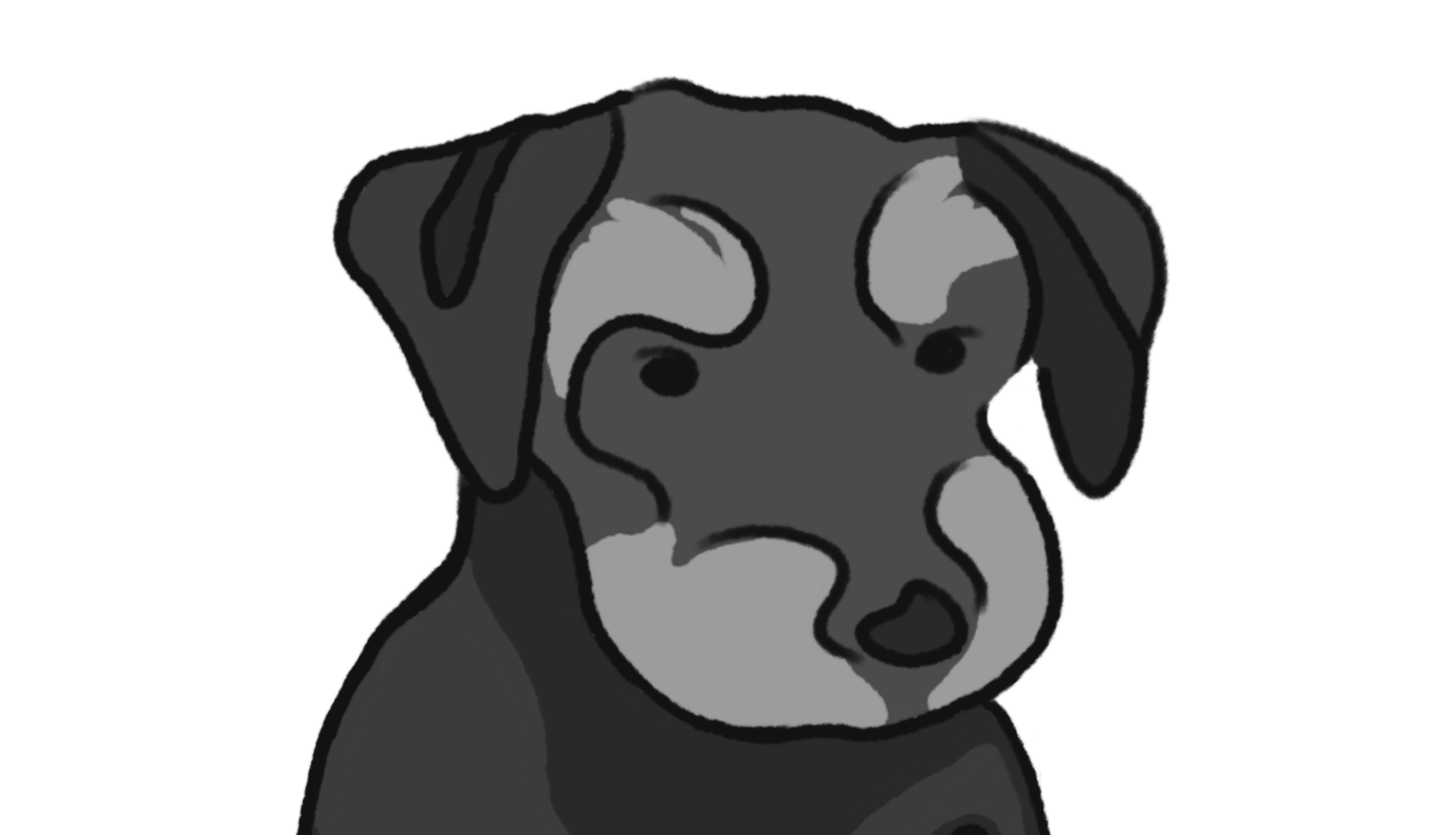 Black and white illustration of a human arms hugging a dog.