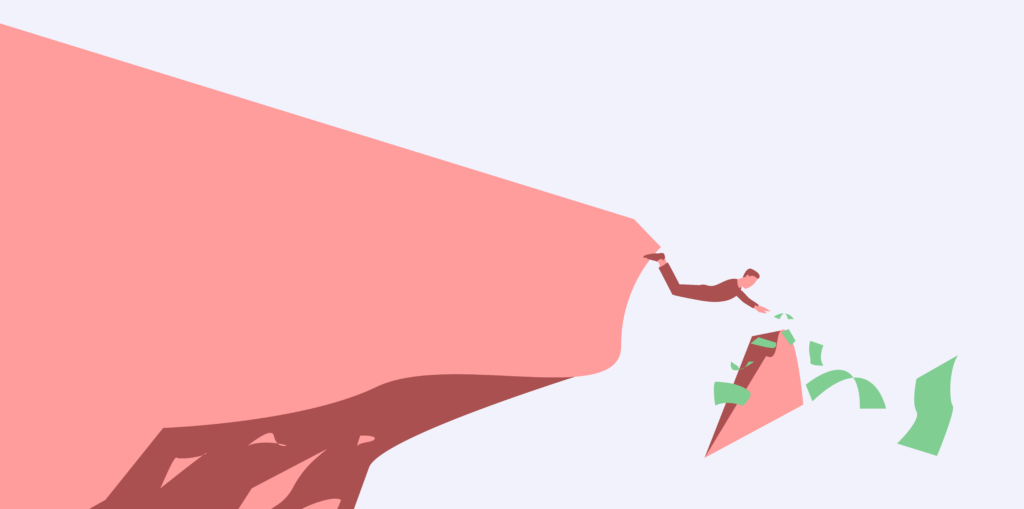 A person falls off an illustrated cliff, dropping money.