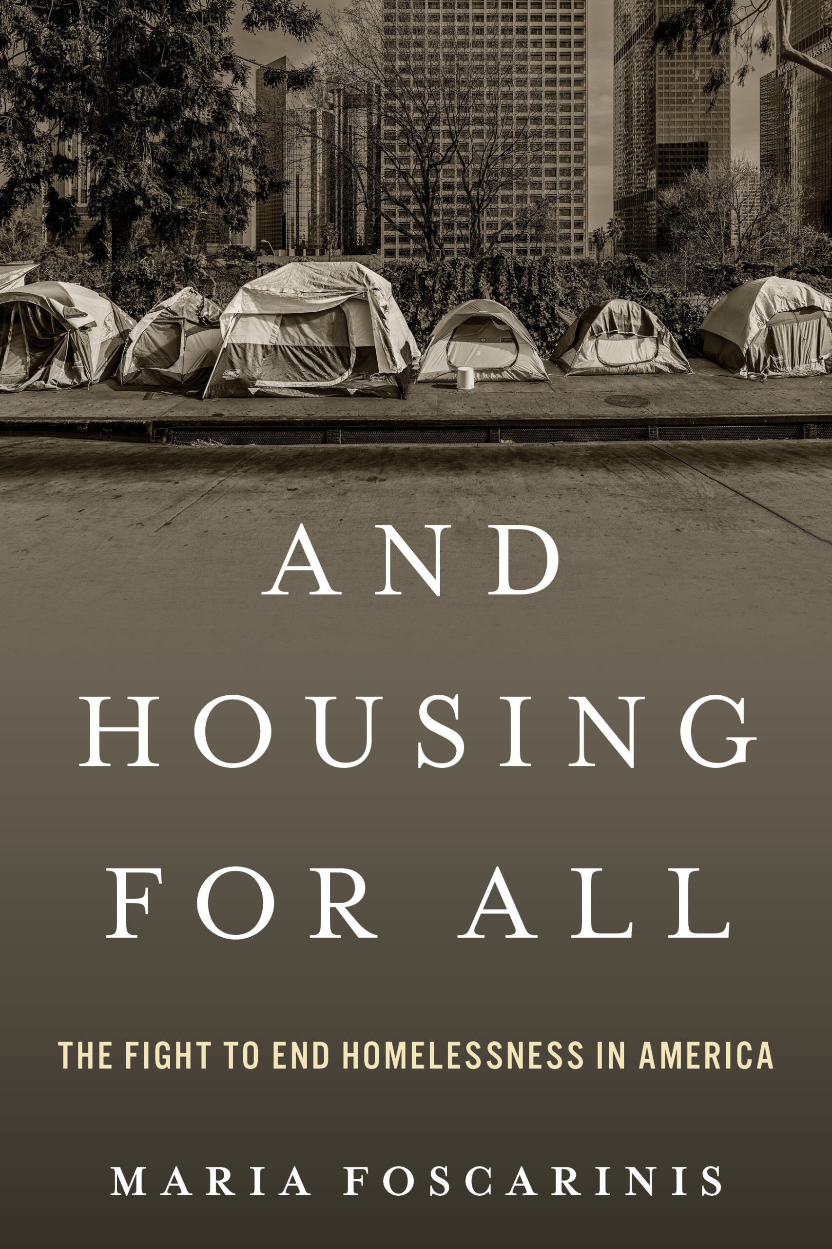 A grey book cover shows a line of tents, under which are the words "And Housing for All."